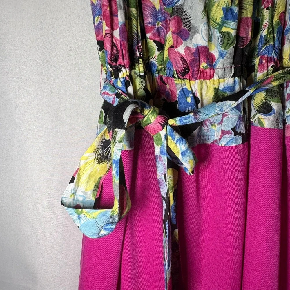 Vintage 90s Handmade Floral‎ Pink Midi Maxi Dress Elastic Waist Pintuck Hem